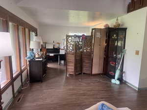 Office area with dark wood finished floors