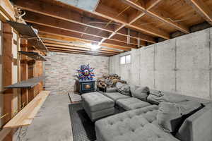 Basement with a wood stove