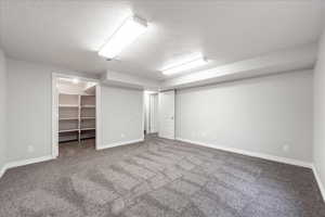 Finished below grade area featuring a textured ceiling and carpet floors