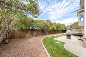 Fenced backyard featuring a patio