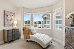 Living area with light colored carpet