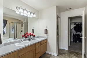 Bathroom with a shower stall, double vanity, a bath, and a walk in closet