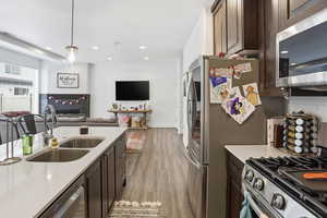 Kitchen with dark brown cabinets, stainless steel appliances, open floor plan, light wood-style flooring, and decorative light fixtures