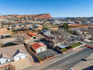 Aerial view of residential area with mountains