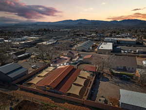 Aerial view of residential area with mountains