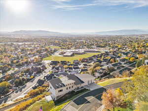 Aerial view of residential area with a mountain backdrop