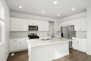 **DISCLAIMER** Interior color package may vary.Kitchen featuring stainless steel appliances, white cabinets, a center island with sink, dark wood-style flooring, and recessed lighting