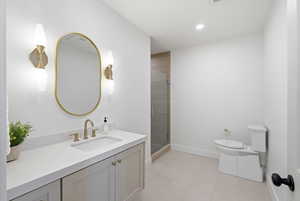 Bathroom featuring a shower stall, vanity, and recessed lighting