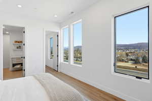 Bedroom featuring light wood-style floors, a mountain view, and recessed lighting