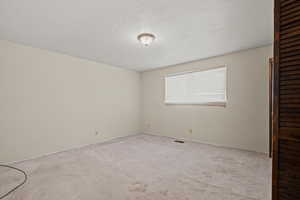 Unfurnished bedroom featuring a textured ceiling, carpet flooring, and a closet