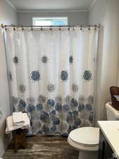 Combo tub shower in master bath.