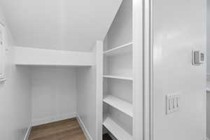 Spacious closet featuring vaulted ceiling and dark wood finished floors