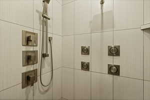 Bathroom view of a tile shower