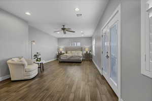 Bedroom featuring wood finished floors, recessed lighting, and ceiling fan