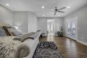 Bedroom with recessed lighting, access to outside, wood finished floors, french doors, and ceiling fan