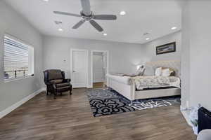 Bedroom with wood finished floors, recessed lighting, and ceiling fan