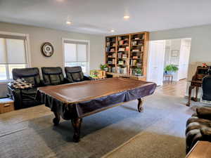 Playroom with pool table, recessed lighting, and carpet floors