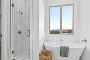 Bathroom featuring a stall shower, a freestanding bath, and healthy amount of natural light