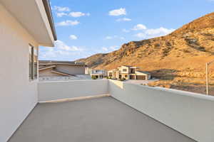 View of patio with a mountain view