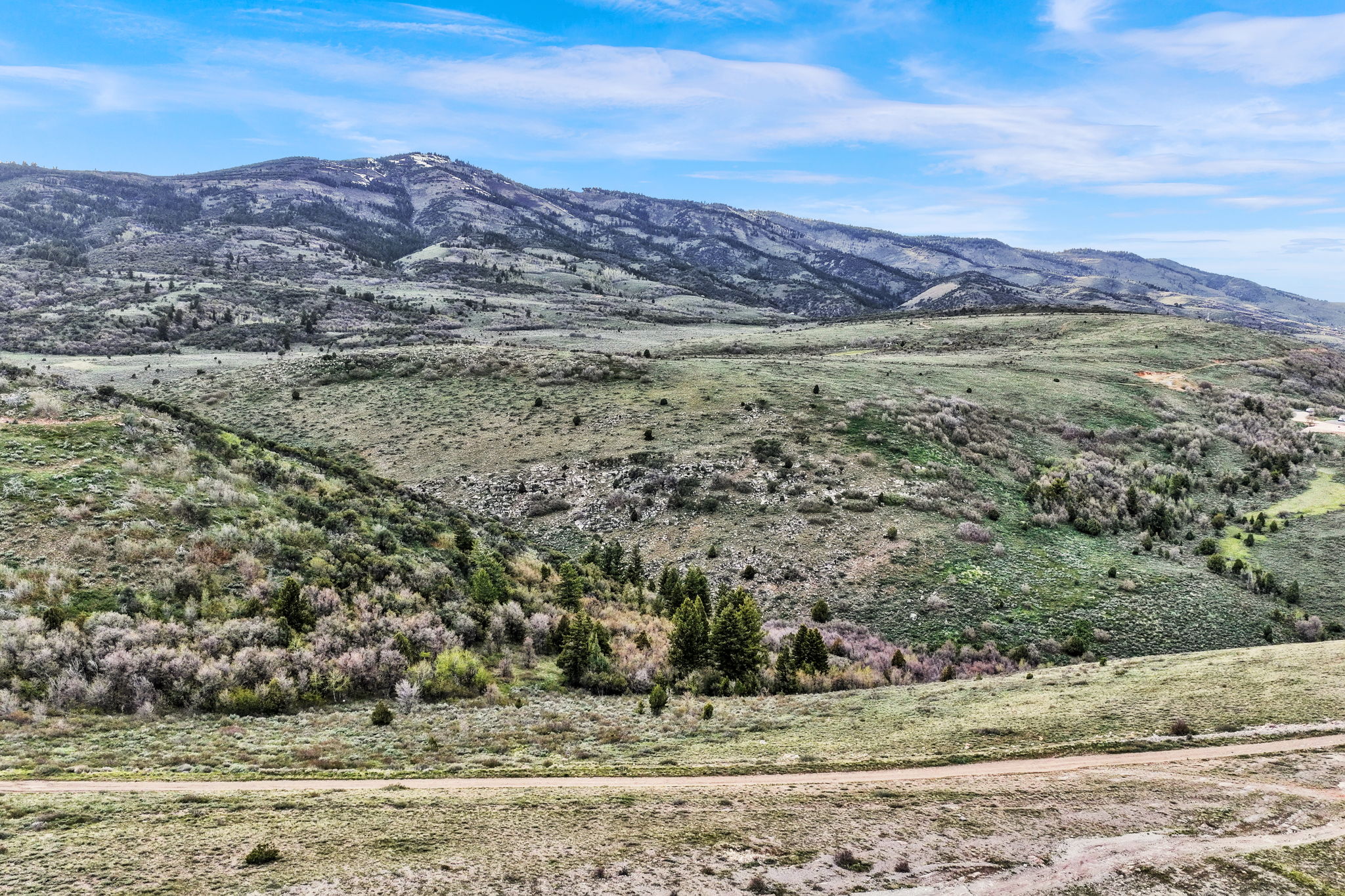 Expansive mountain landscape featuring varied terrain, natural vegetation, distant peaks, a dirt track, and a clear blue sky