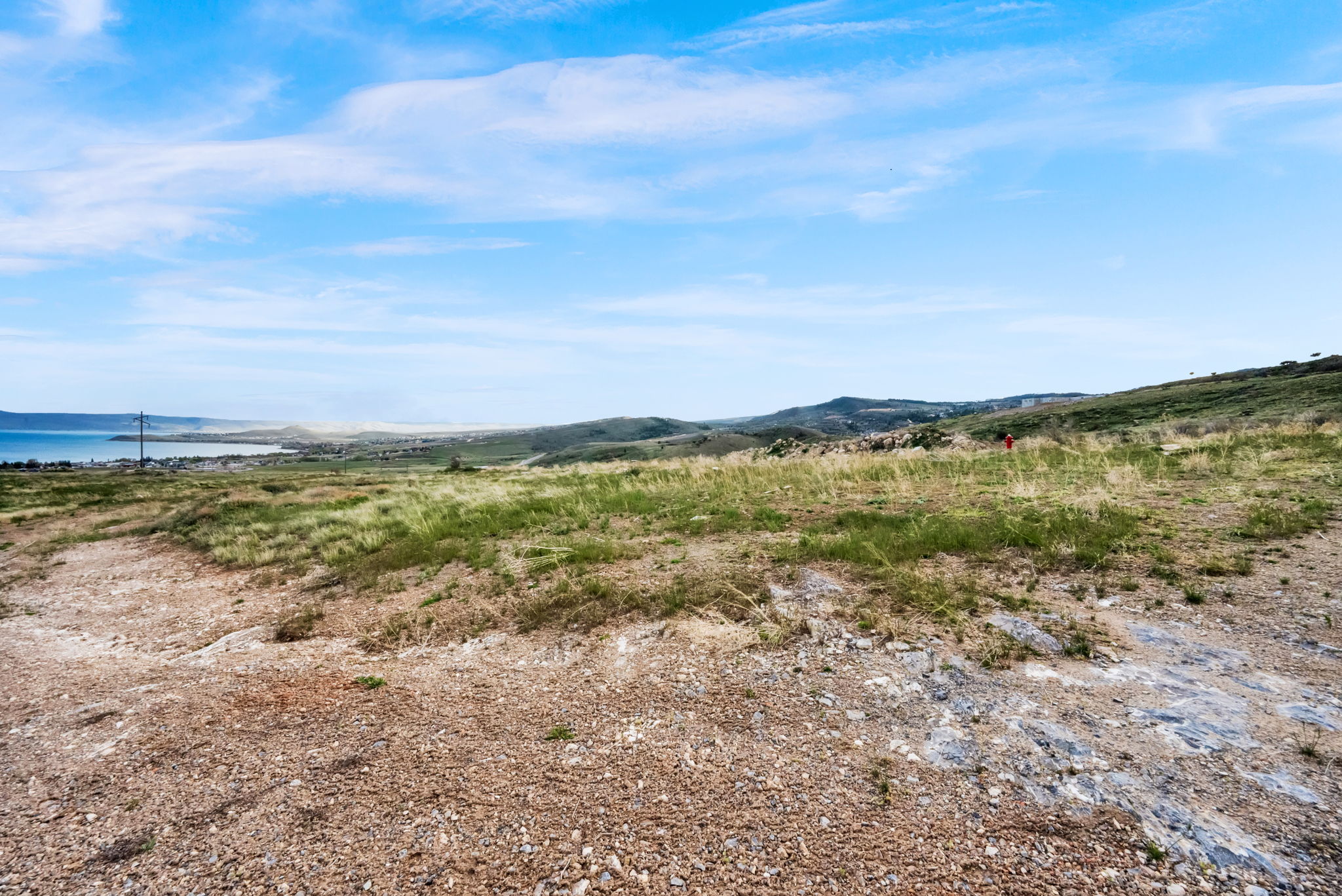 Expansive undeveloped land featuring natural terrain with scattered green foliage and distant water