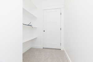 Spacious closet featuring light colored carpet