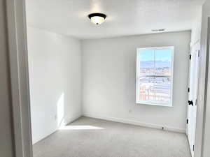Carpeted empty room with a textured ceiling and a mountain view (pictures of home previously built)