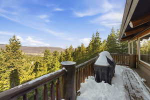 Wooden deck featuring area for grilling