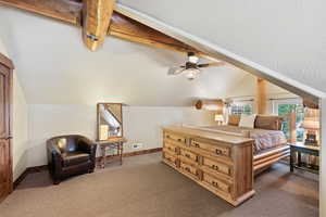 Bedroom with carpet flooring and ceiling fan