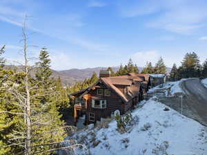 View of property exterior with a chimney, a mountain view, and log siding