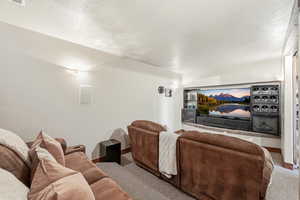 Carpeted cinema room featuring baseboards