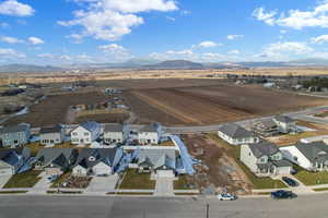 Overview of rural landscape featuring nearby suburban area and a mountainous background