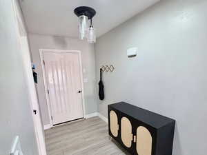 Entrance foyer with light wood-style floors and baseboards