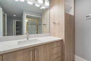 Full bathroom featuring vanity, a stall shower, and a closet