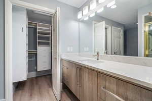 Full bath with vanity, light wood-style flooring, and a walk in closet
