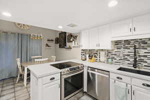 Kitchen with appliances with stainless steel finishes, white cabinetry, a peninsula, backsplash, and recessed lighting