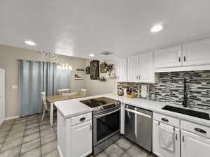 Kitchen with white cabinets, stainless steel appliances, a textured ceiling, a peninsula, and decorative backsplash