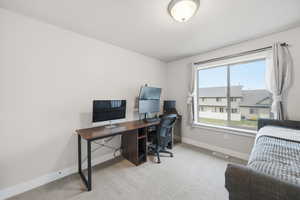 Office with light carpet and baseboards