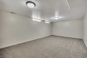 Spare room with a textured ceiling and light carpet