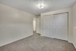 Unfurnished bedroom with light colored carpet, a closet, and a textured ceiling