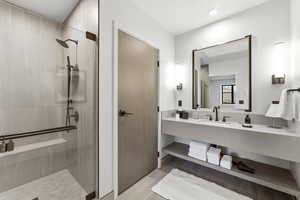 Full bathroom with a shower stall and vanity