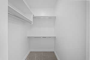 Walk in closet featuring light colored carpet