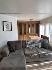Living room featuring wooden walls and a textured ceiling