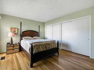 Bedroom with two closets, a textured ceiling, and hardwood / wood-style flooring