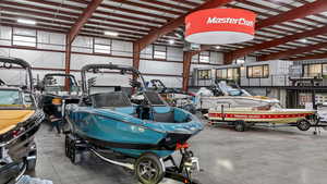Garage featuring metal wall