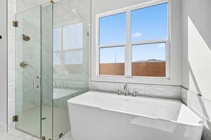 Full bath with a freestanding tub and a shower stall