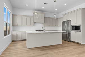Kitchen with pendant lighting, appliances with stainless steel finishes, a center island with sink, light wood-style flooring, and recessed lighting