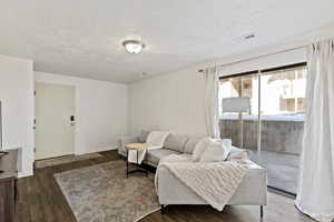 Living room with dark wood-type flooring and a textured ceiling