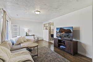 Living area featuring dark wood-style floors and a textured ceiling