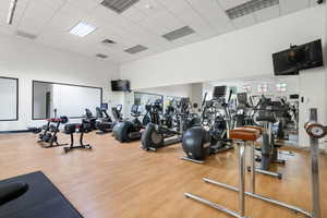 Exercise room featuring a paneled ceiling and a high ceiling